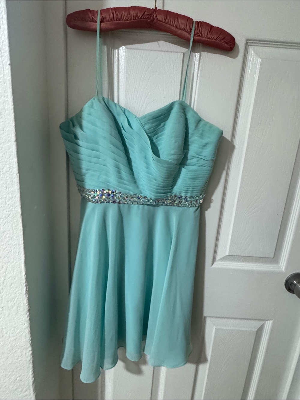 Girls Aqua Spaghetti-Strap Chiffon Party Dress with Beaded Waist